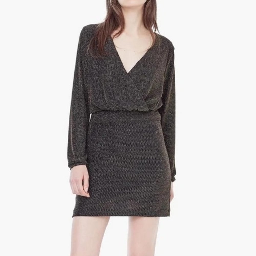MNG Mango Metallic Gold Black Long Sleeve Mini Dress Size XS EUC W2572